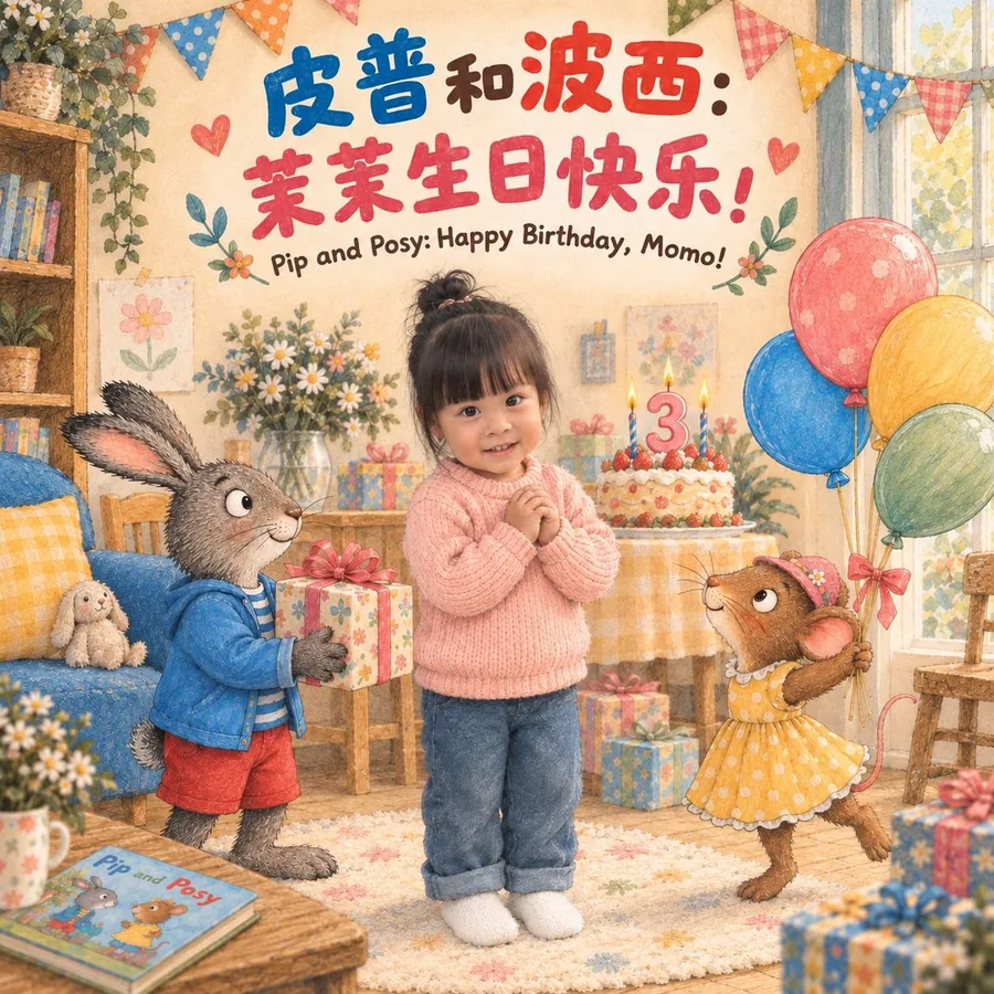 Momo stands beside Pip and Posy at a colorful third-birthday party.