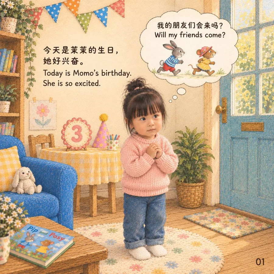 An excited Momo waits by the front door beside a table set for her third birthday.