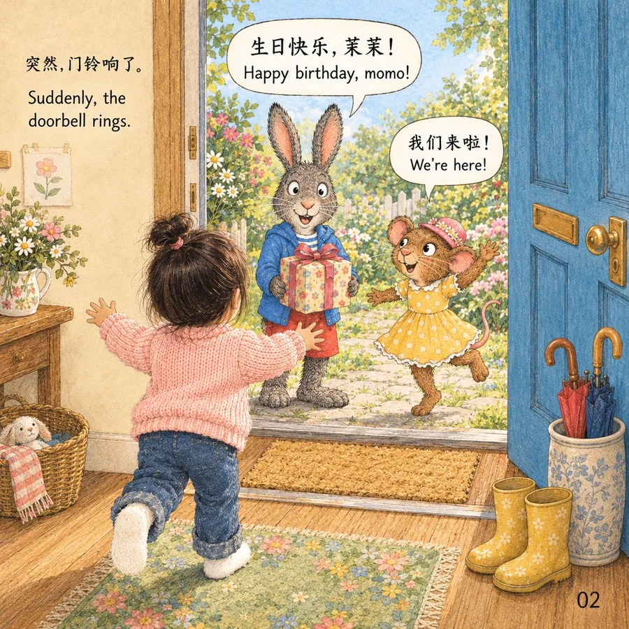 Momo runs to greet Pip and Posy as they arrive at the open door with a present.