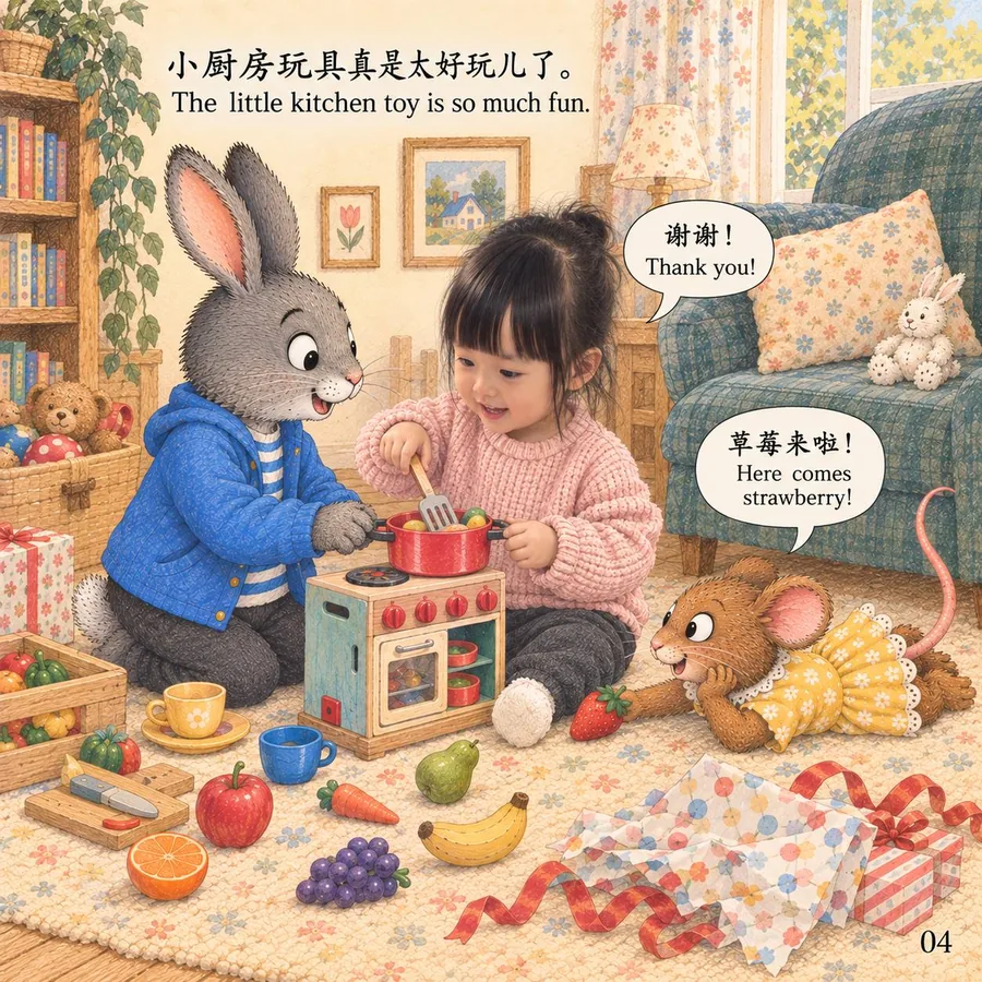 Momo, Pip, and Posy play together with the little kitchen and pretend food.
