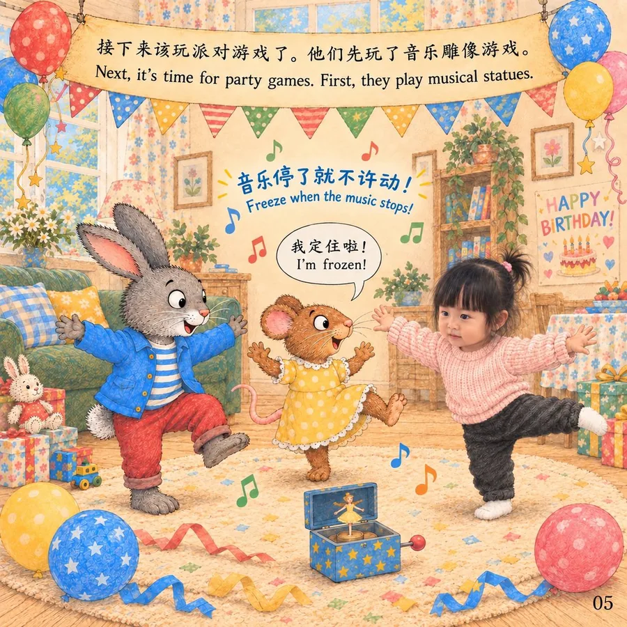 Momo, Pip, and Posy pose like statues among balloons, streamers, and music notes.