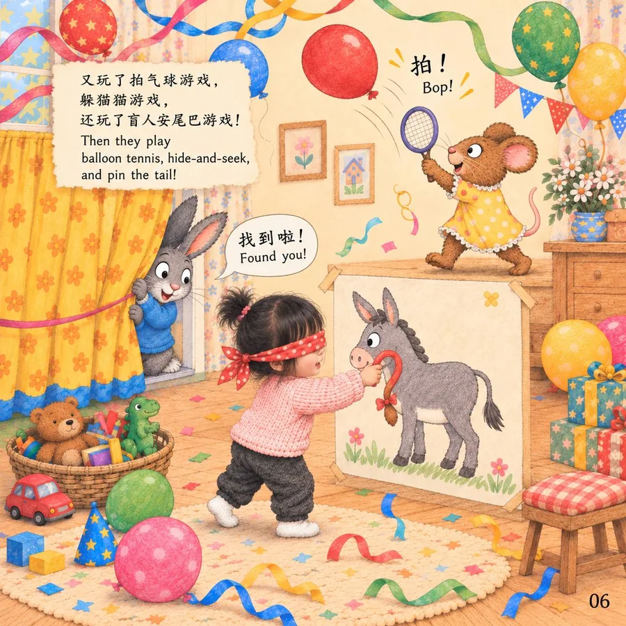The friends play party games including balloon tennis, hide-and-seek, and pin the tail.