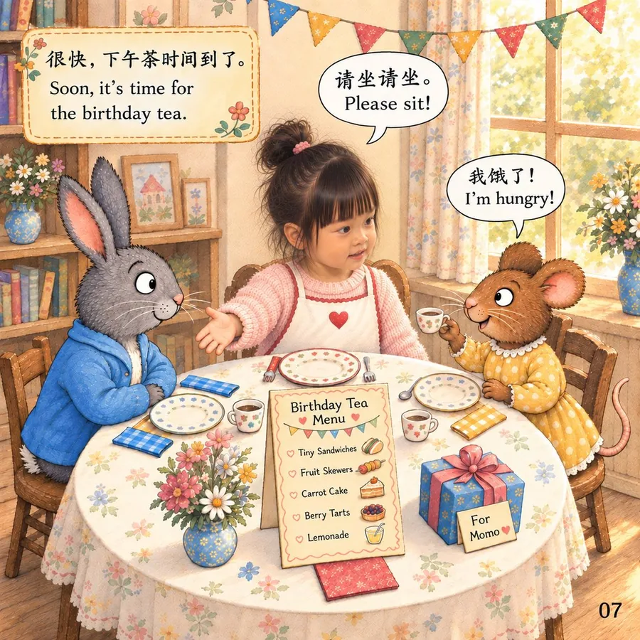 Momo invites Pip and Posy to a flower-covered table for birthday tea.