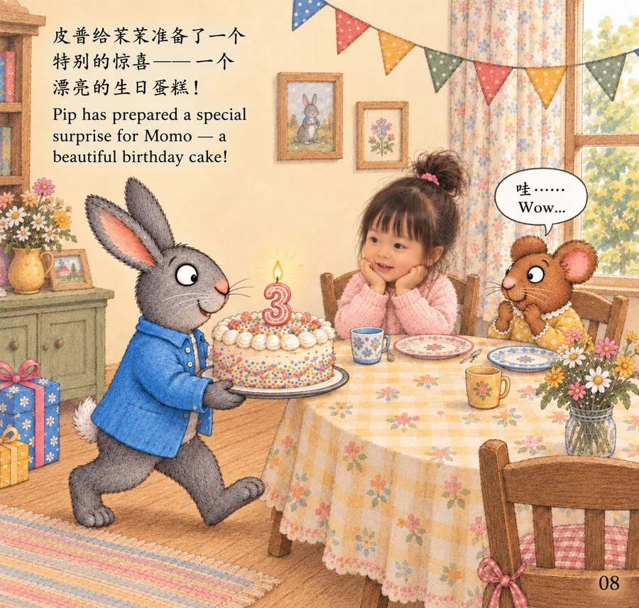 Pip carries in a flower-decorated cake with a number three candle as Momo and Posy watch.