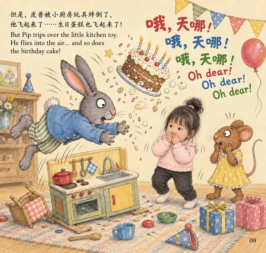 Pip trips over the little kitchen, sending the birthday cake flying through the air.