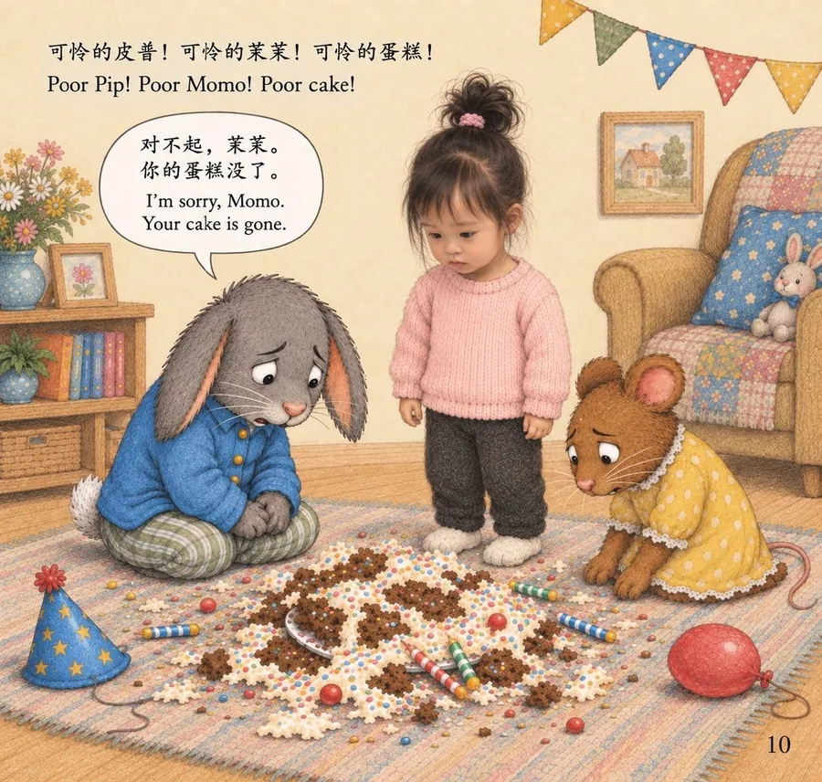 Pip, Momo, and Posy look sadly at the smashed cake scattered across the rug.