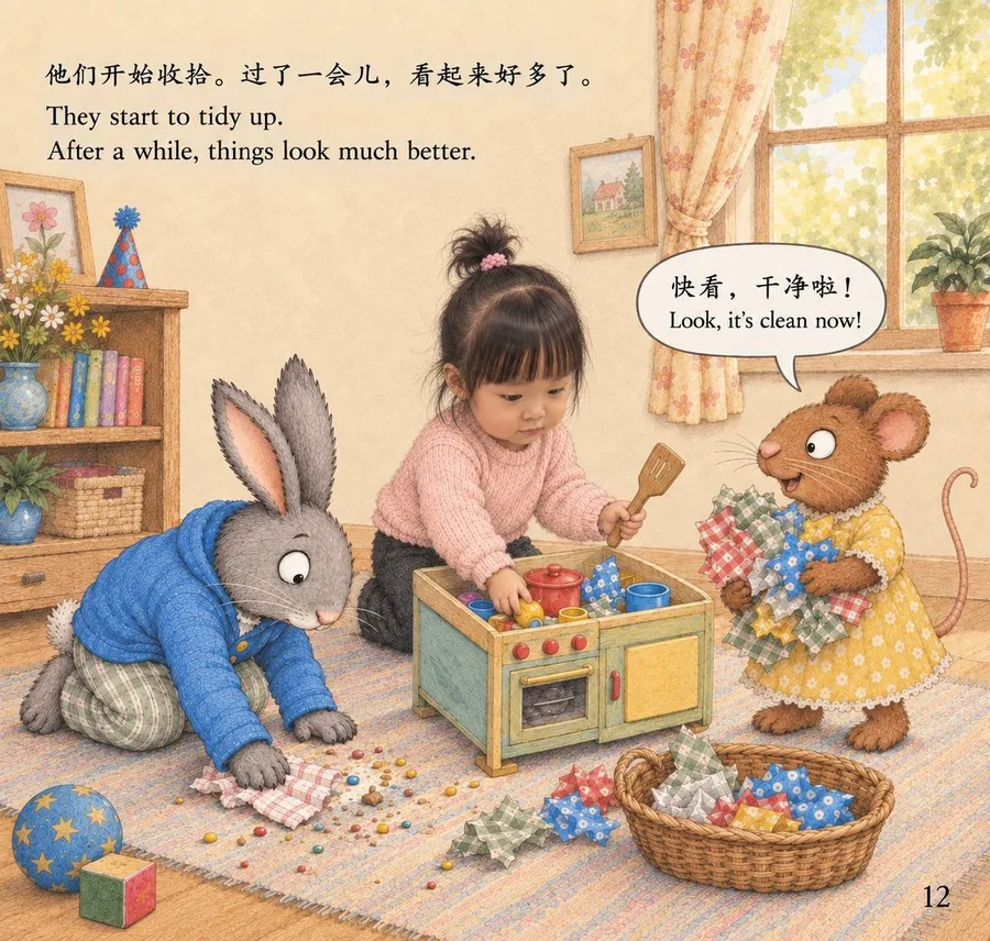 Momo, Pip, and Posy tidy the room and clean the little kitchen together.