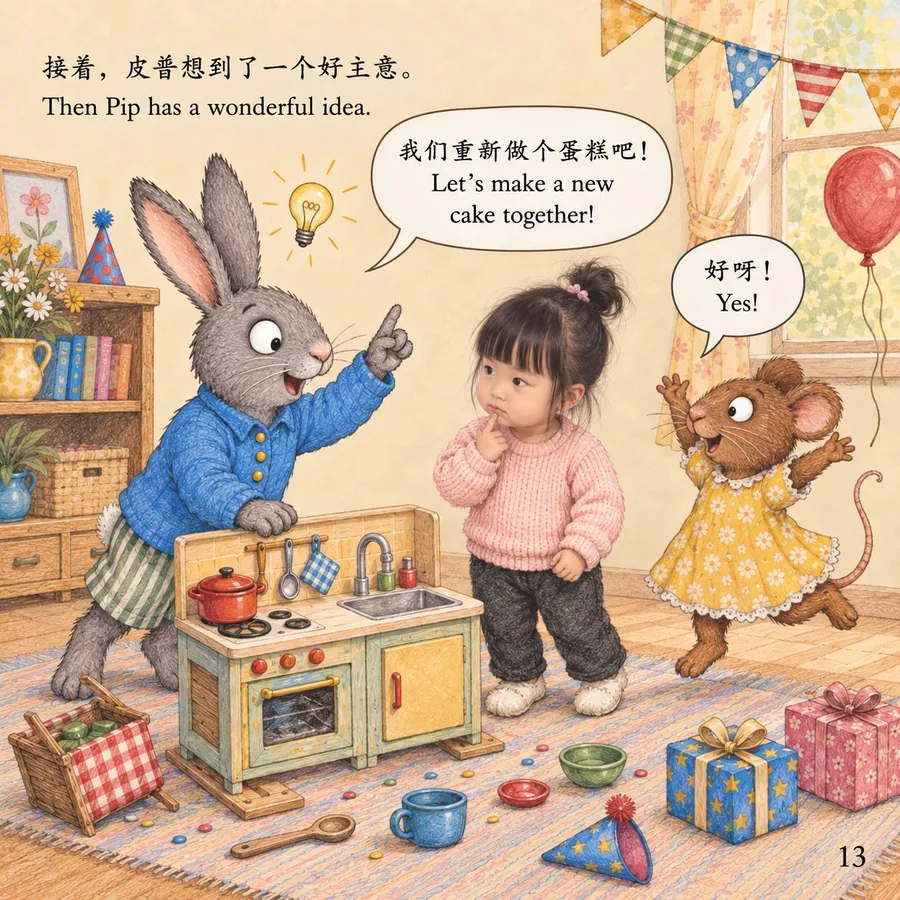 Pip raises a finger with an idea as Momo and Posy gather around the toy kitchen.