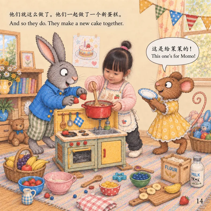 Momo stirs cake batter while Pip and Posy help beside bowls and baking ingredients.