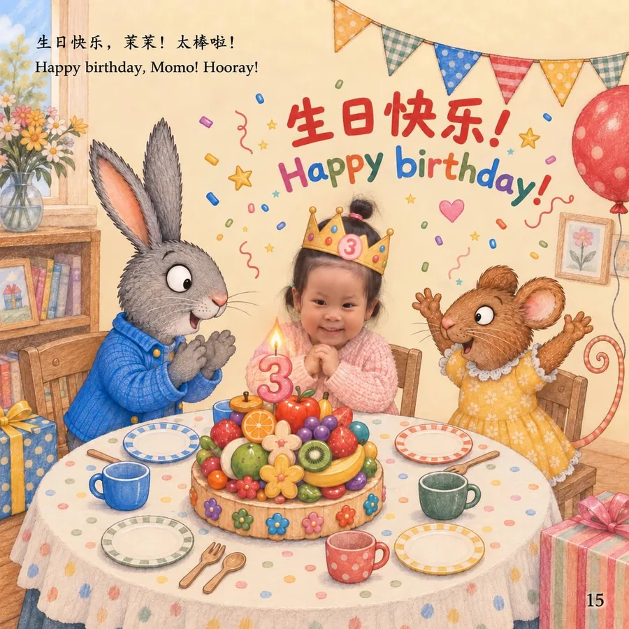 Momo wears a party crown between Pip and Posy as they celebrate around a table of treats.