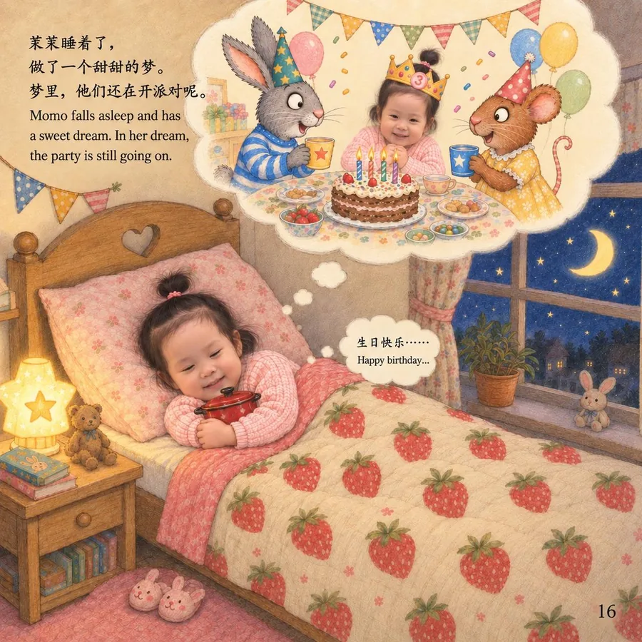 Momo sleeps under a strawberry blanket and dreams that the birthday party continues with Pip and Posy.