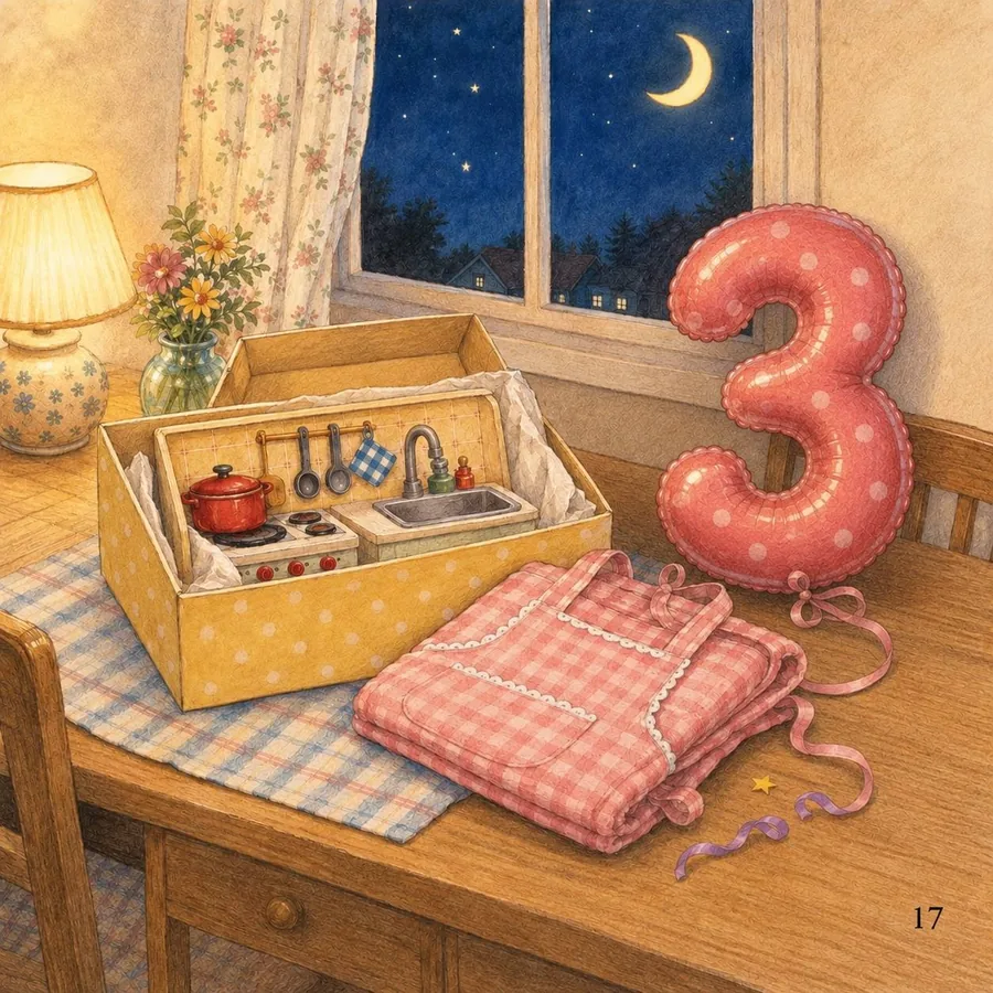 The little kitchen toy and folded pink clothes rest on a table beside a number three balloon at night.
